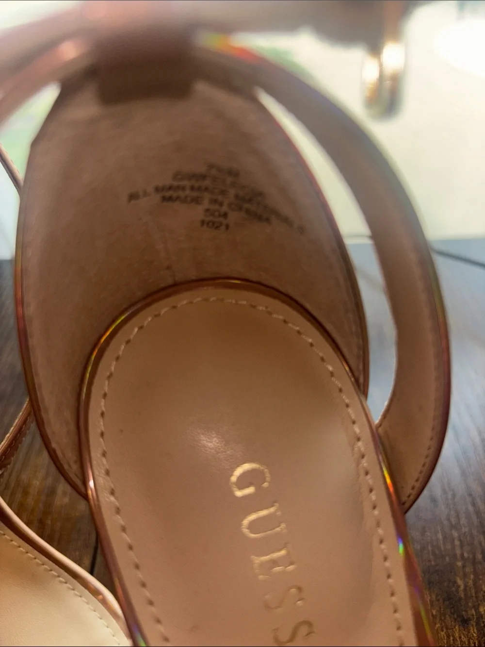 GUESS Iridescent Rose Gold Strappy Stiletto Sandals